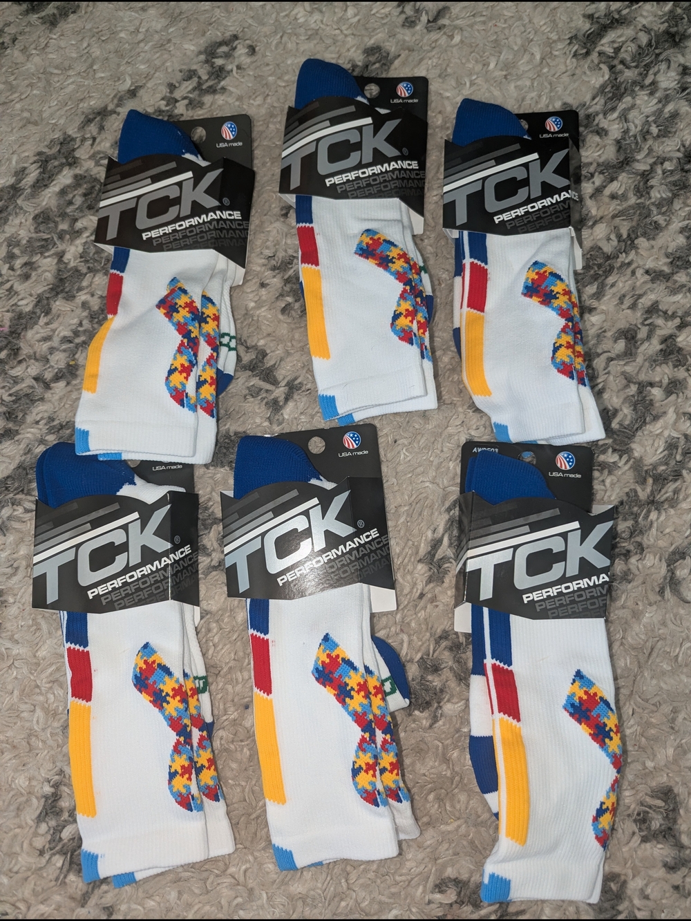 TC Performance Men’s Crew Socks - White with Blue & Multicolor Puzzle Design